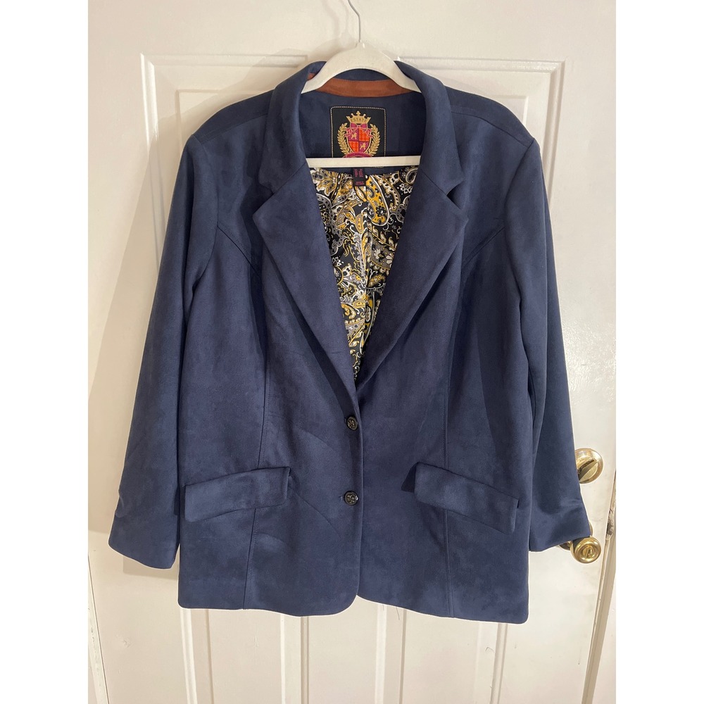Isaac Mizrahi Live Faux Suede Blazer 2X Navy Blue Paisley Lined Tailored Jacket